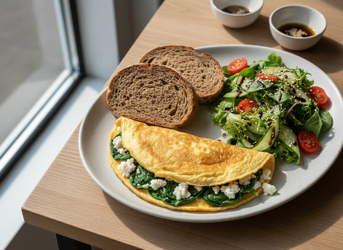 Omelett mit Salat und Brot photo
