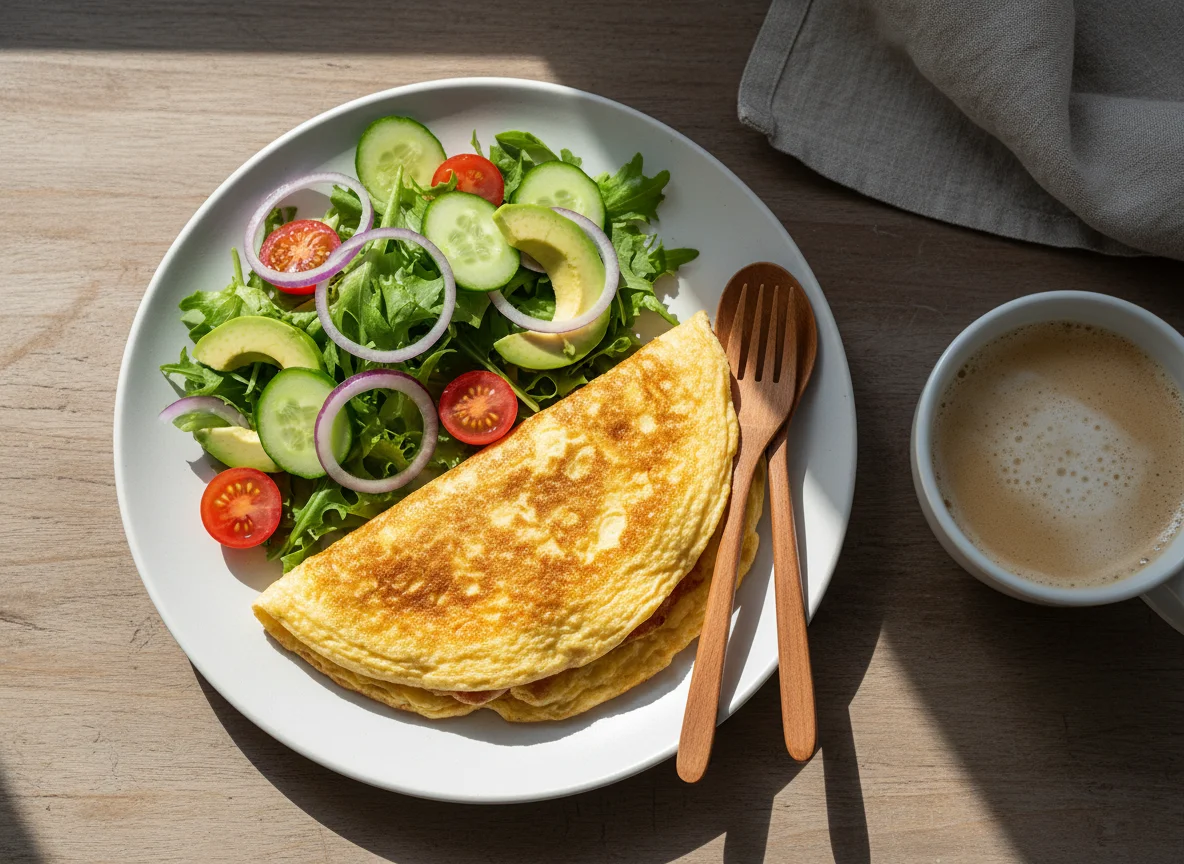 Omelett mit Salat und Kaffee photo