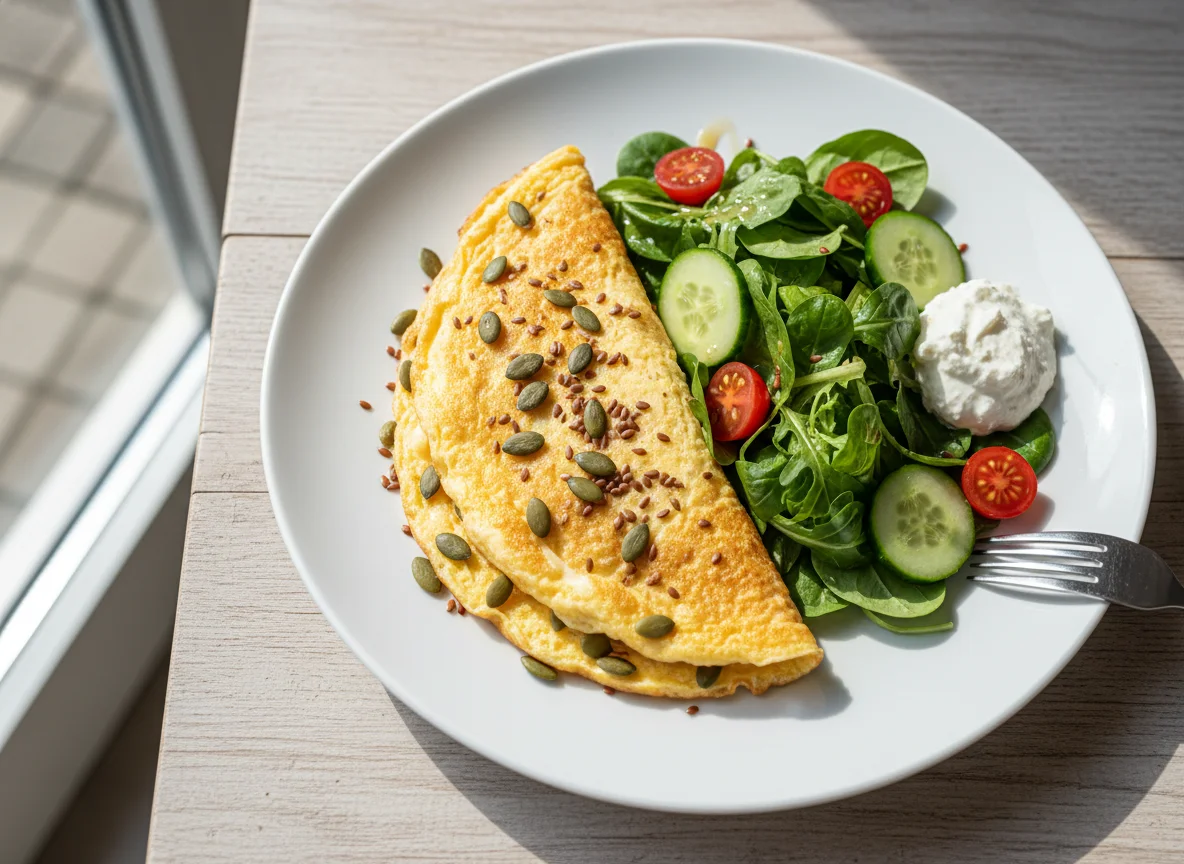 Omelett mit Salat und Kernen photo
