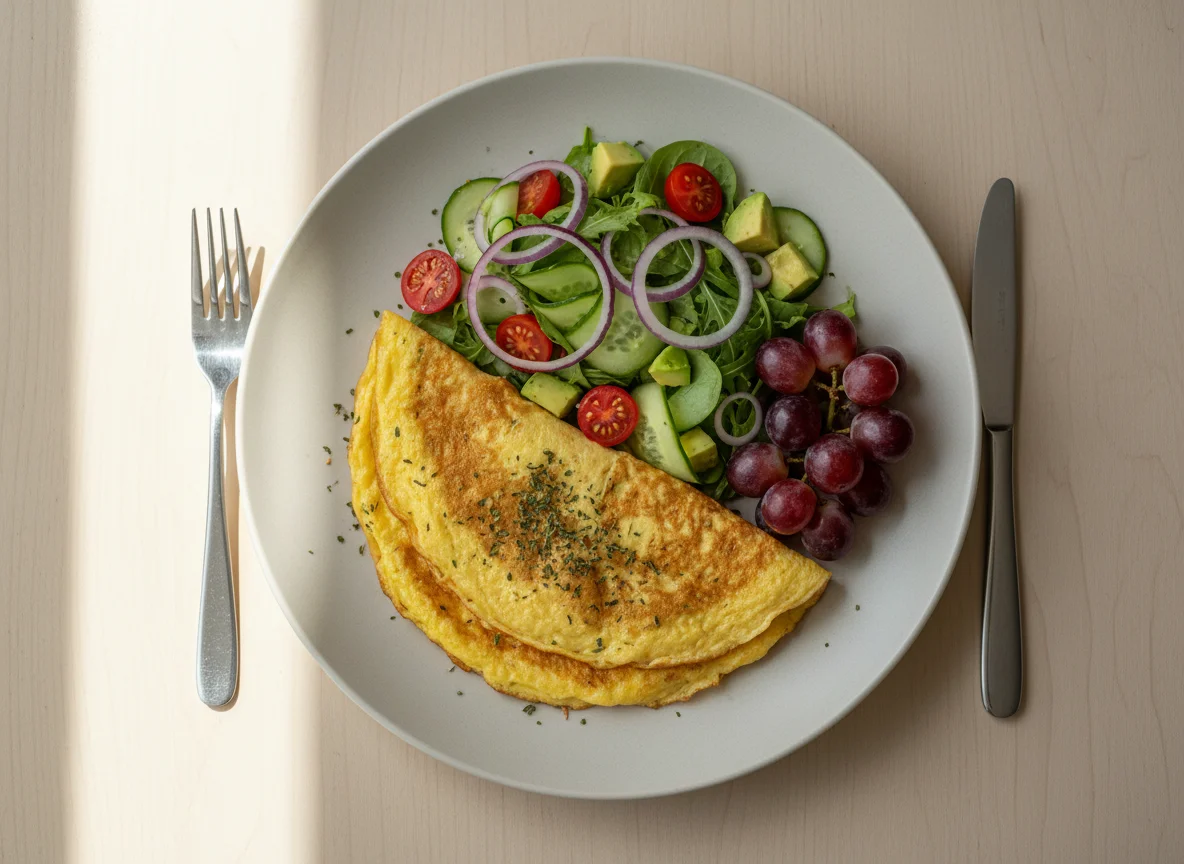 Omelett mit Salat und Trauben photo