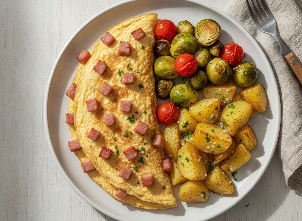 Omelett mit Salzkartoffeln und Rosenkohl photo