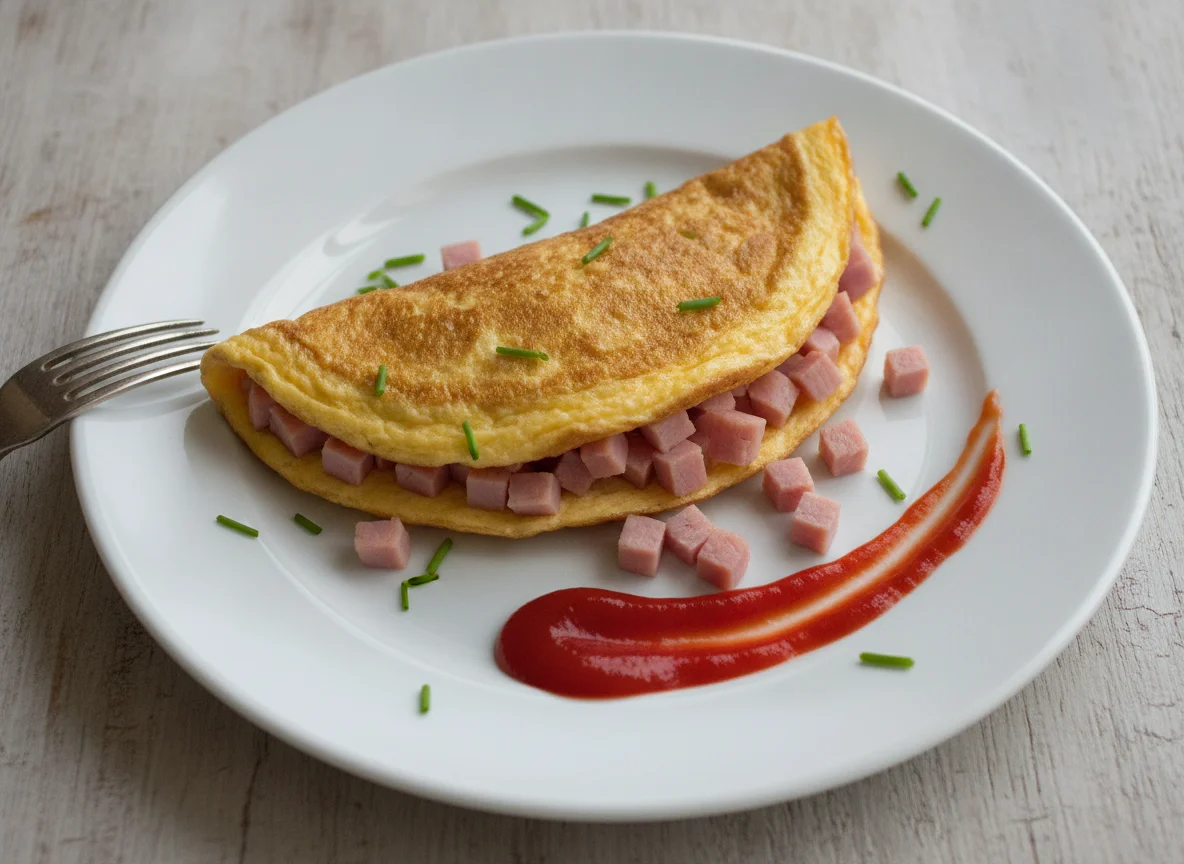 Omelett mit Schinken und Ketchup photo