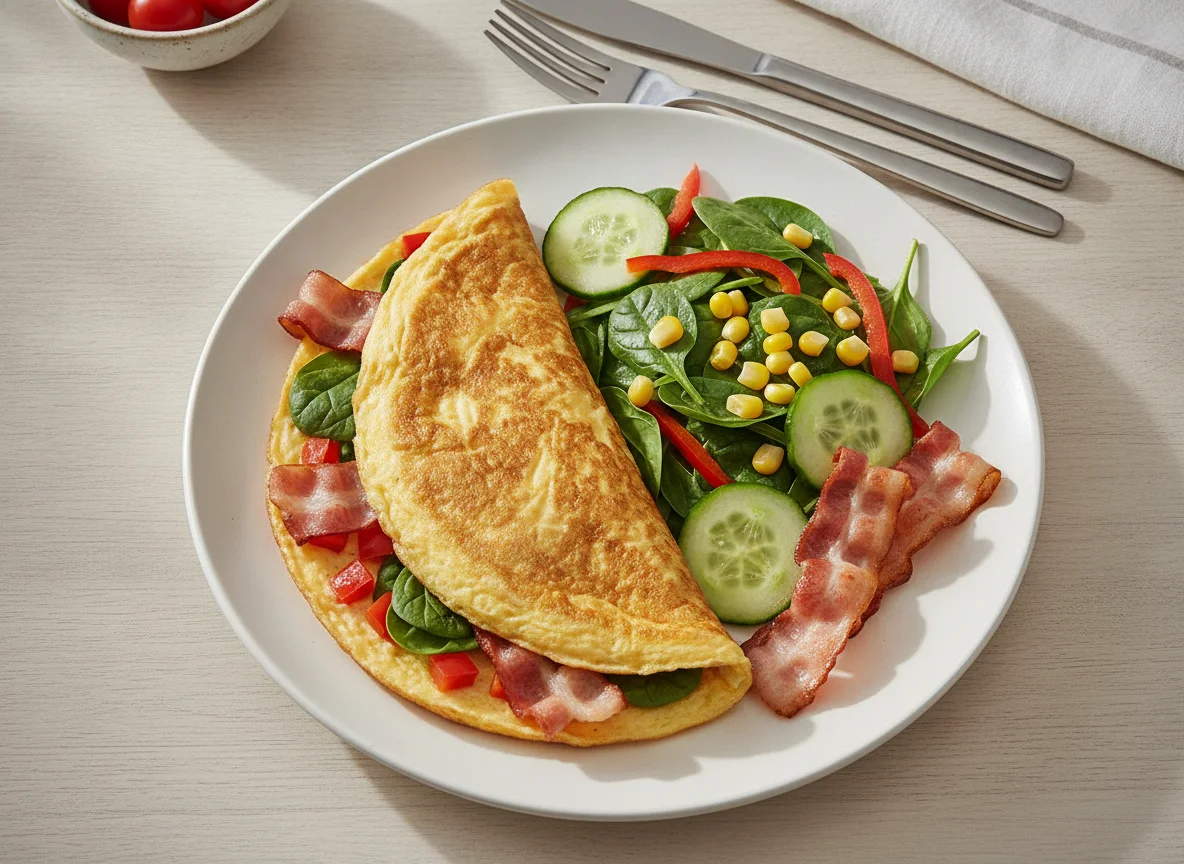 Omelett mit Speck und Beilagensalat photo