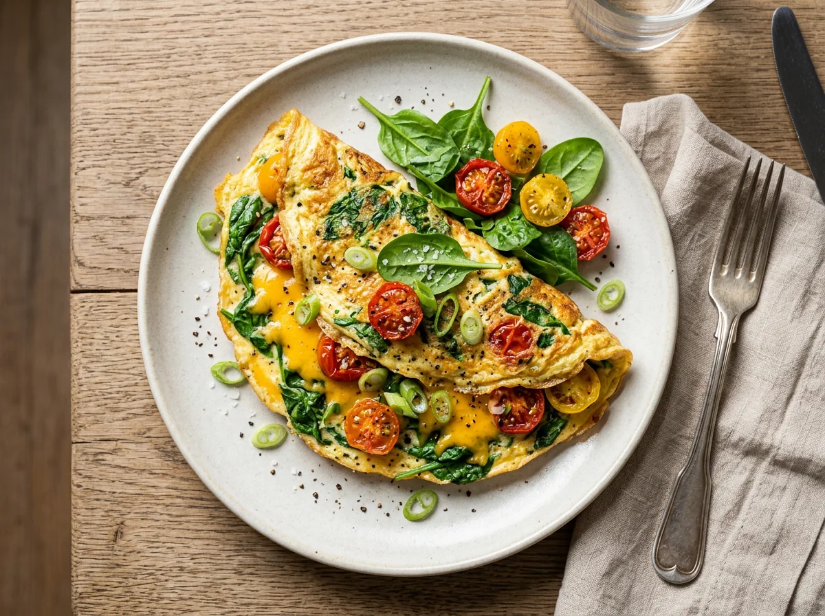 Omelett mit Spinat, Käse und Tomaten photo