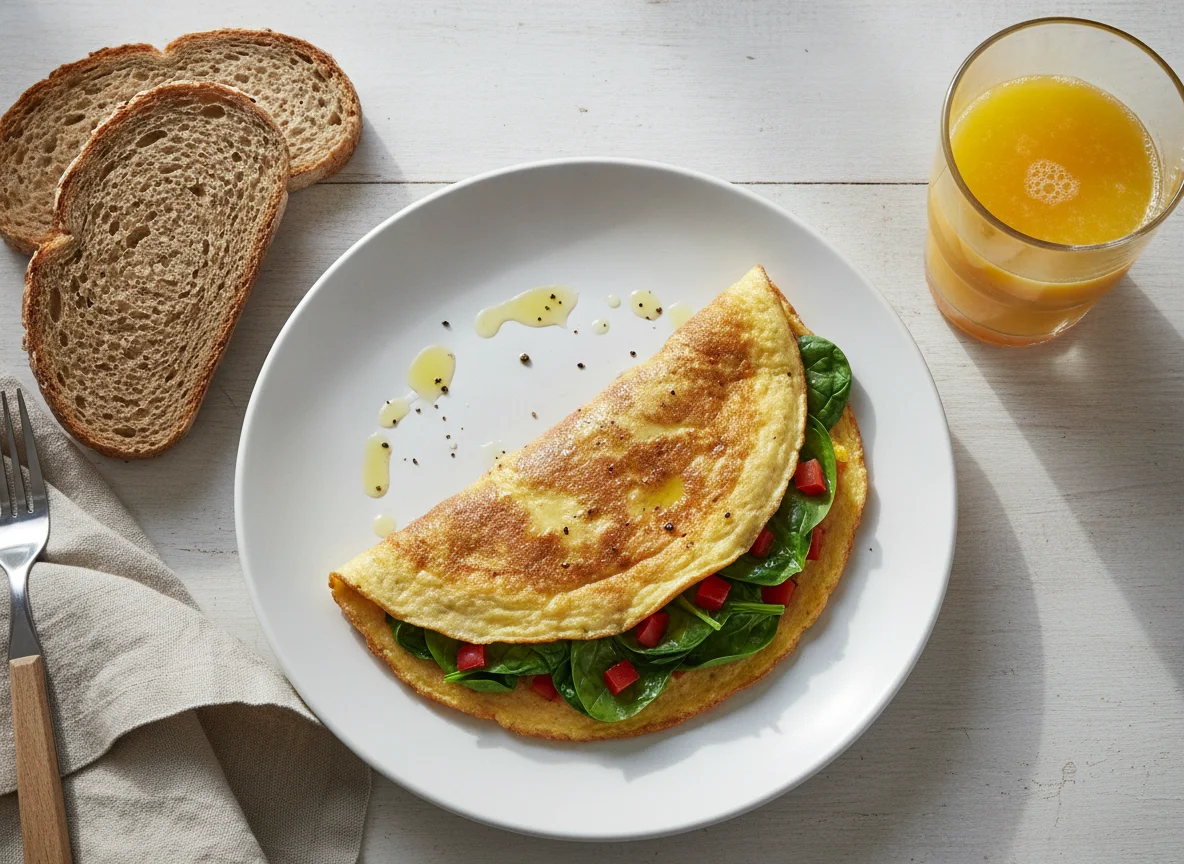 Omelett mit Spinat und Paprika mit Vollkornbrot photo