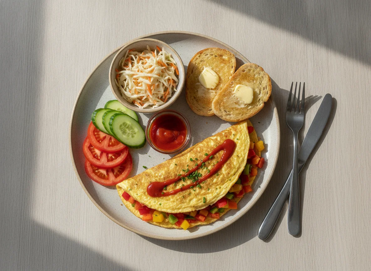 Omelett mit Toast und Beilagensalat photo