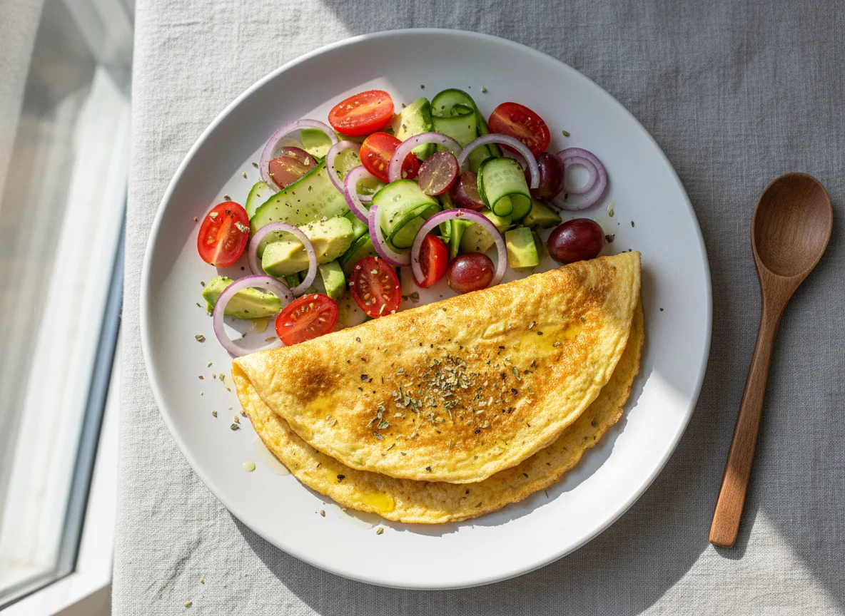 Omelett mit Trauben, Gurken und Avocado photo