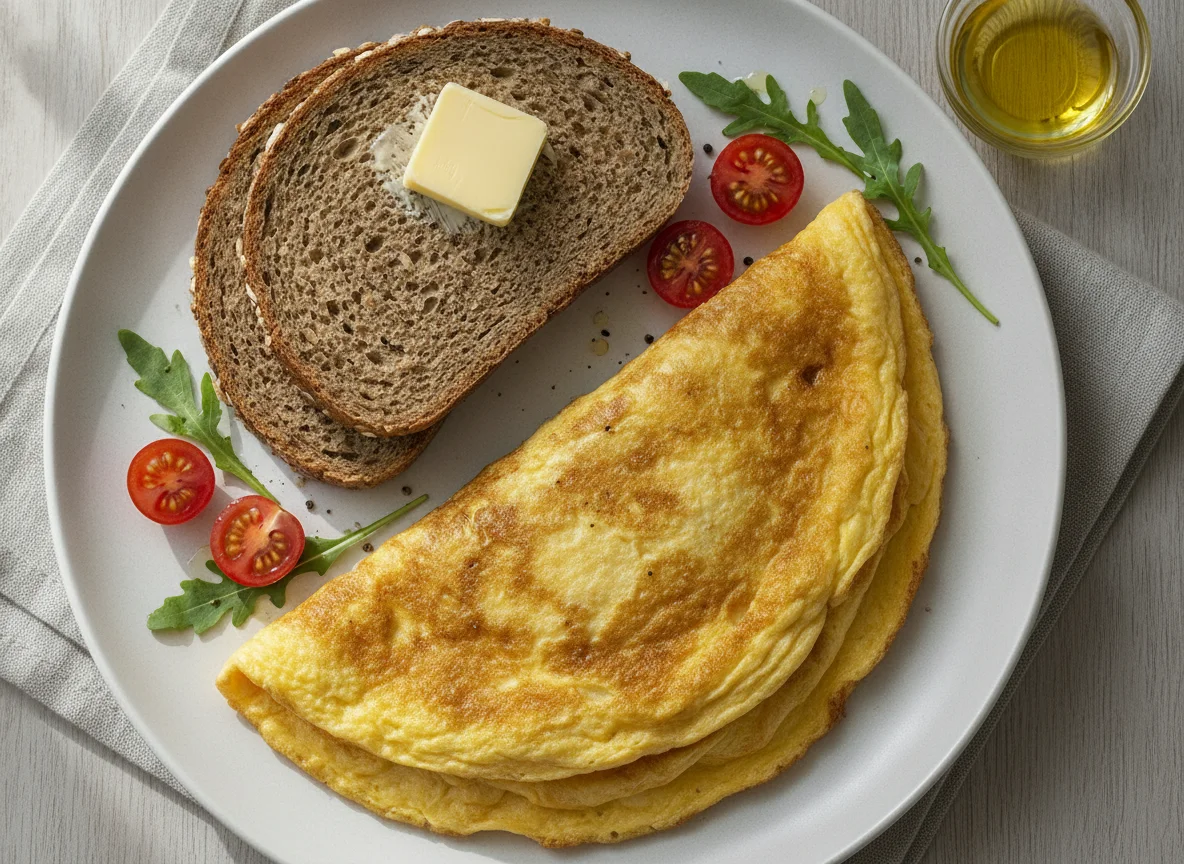 Omelett mit Vollkornbrot und Butter photo