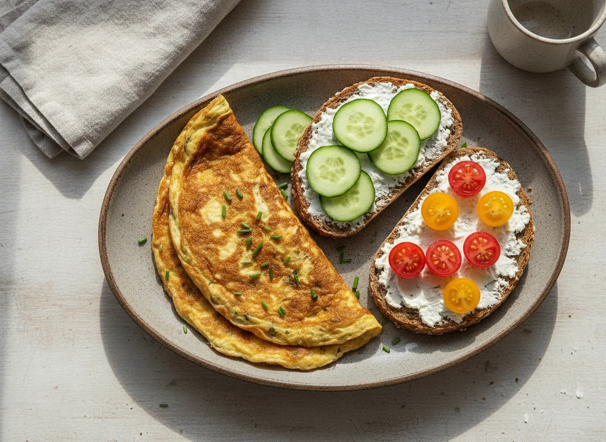 Omelett mit Vollkornbrot und Gemüse photo