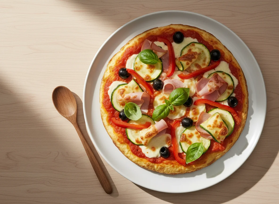 Omelett-Pizza mit Zucchini und Schinken photo