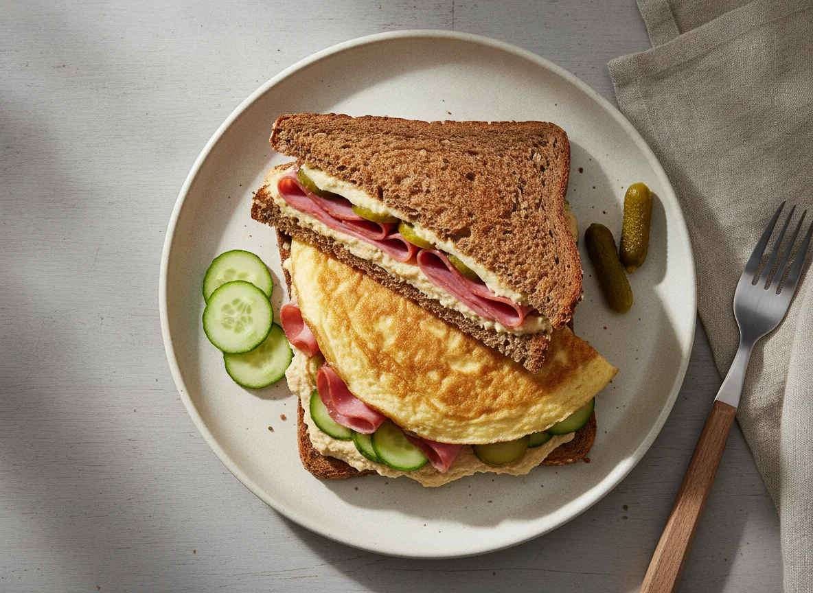 Omelett-Sandwich mit Hummus und Gurken photo