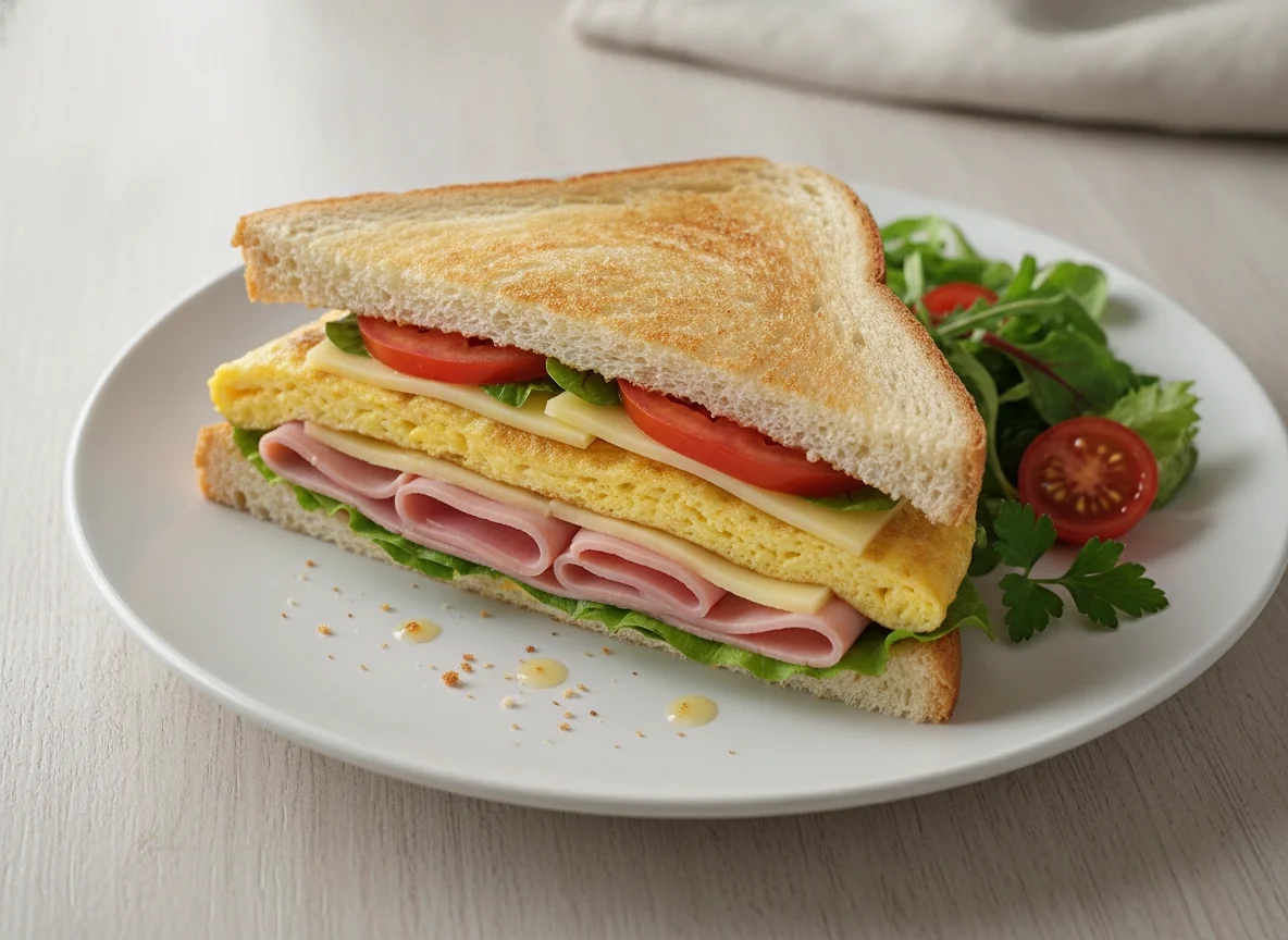 Omelett-Sandwich mit Schinken und Käse photo