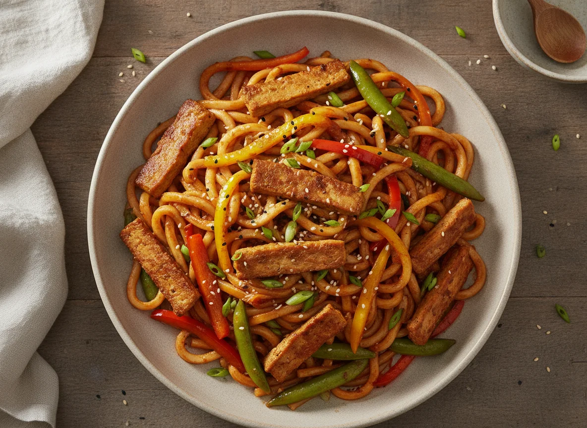 One-Pan Udon Noodles mit veganen Filetstücken photo