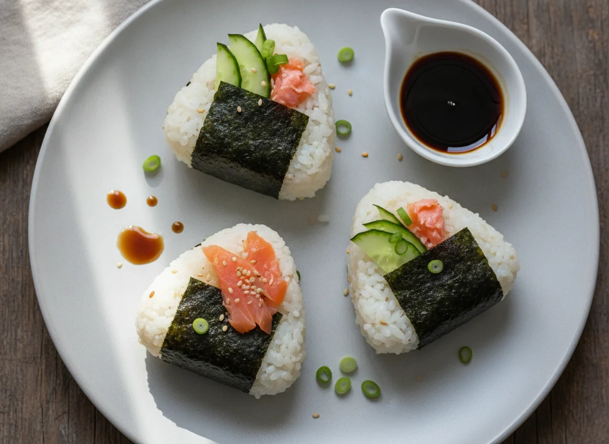 Onigiri mit Lachs und Sojasauce photo