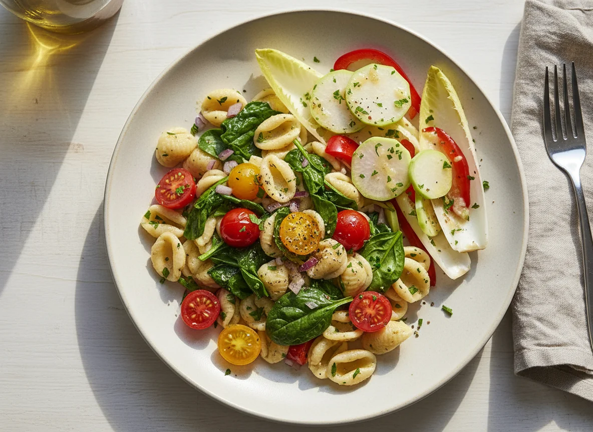 Orecchiette mit Spinat und Kirschtomaten, dazu Chicorée und Kohlrabi photo