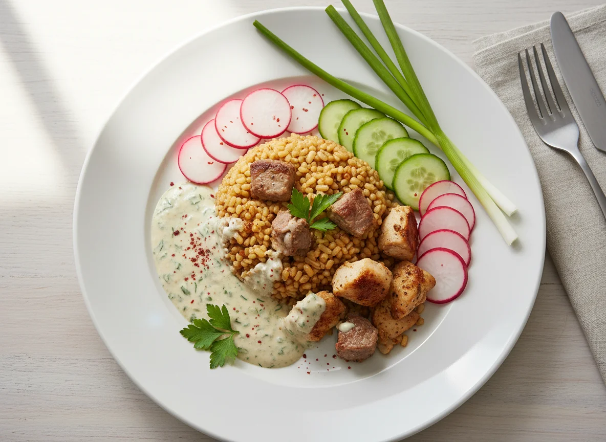 Orientalischer Fleisch- und Bulgurteller mit Beilagen photo
