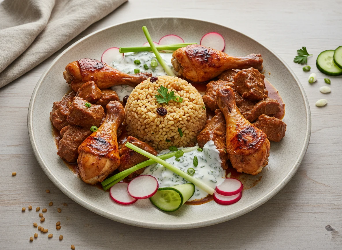 Orientalischer Fleisch- und Hähnchenteller mit Bulgur photo