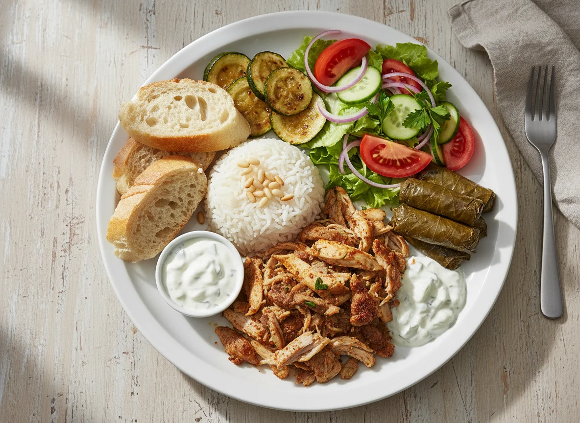 Orientalischer Teller mit Reis, Brot und verschiedenen Beilagen photo