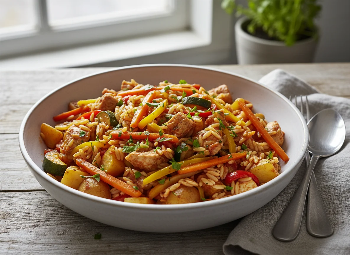 Orzo mit Gemüse und Kartoffeln photo