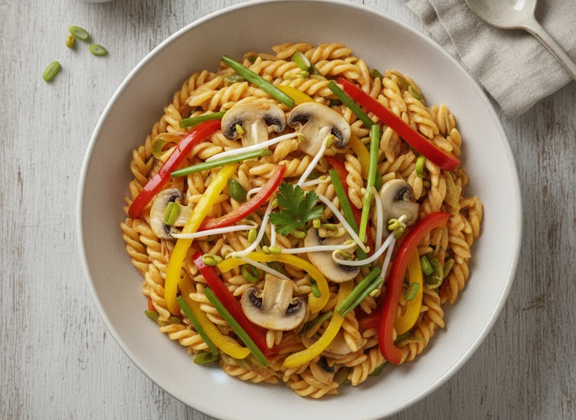 Orzo mit Gemüsesauce und Pilzen photo