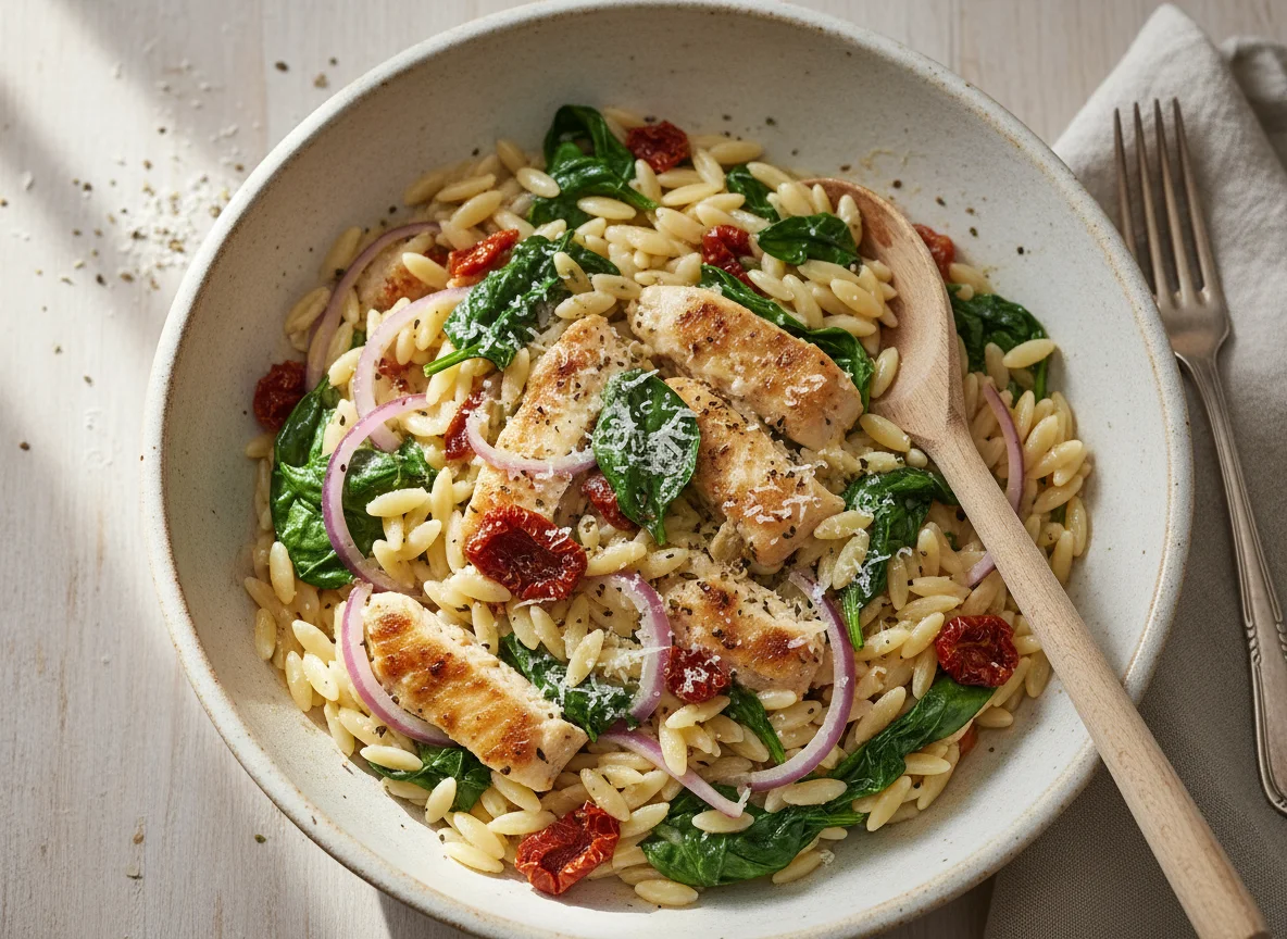 Orzo mit Hühnerfleisch und Spinat photo