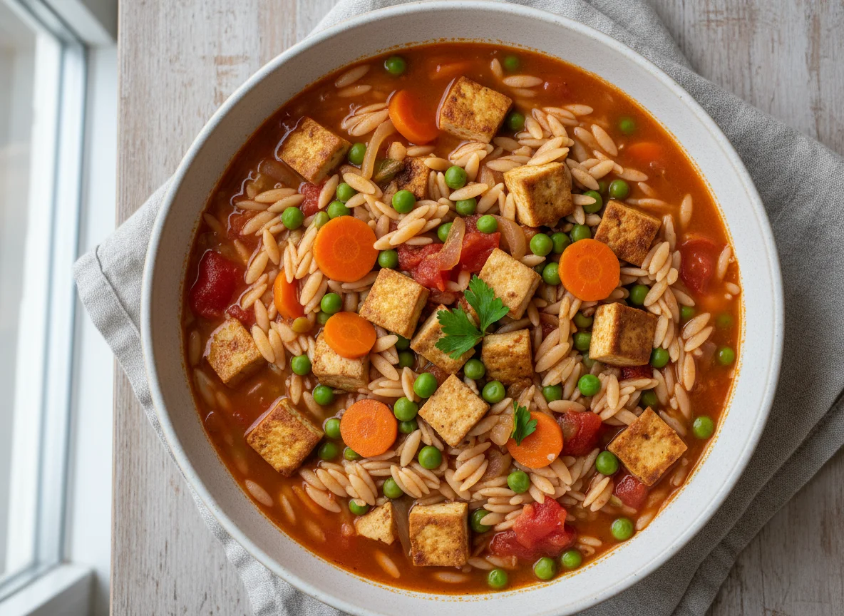 Orzo-Eintopf mit Tofu und Gemüse photo