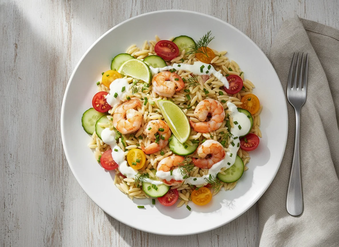 Orzo-Garnelen-Salat mit Joghurt-Dressing photo