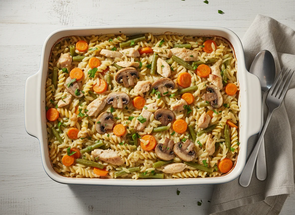 Orzo-Nudelauflauf mit Huhn und Gemüse photo