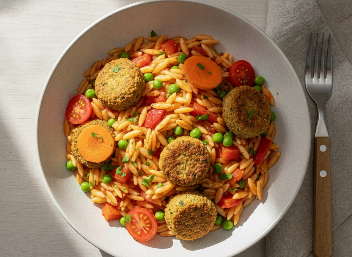 Orzo-Nudelgericht mit Falafel und Gemüse photo