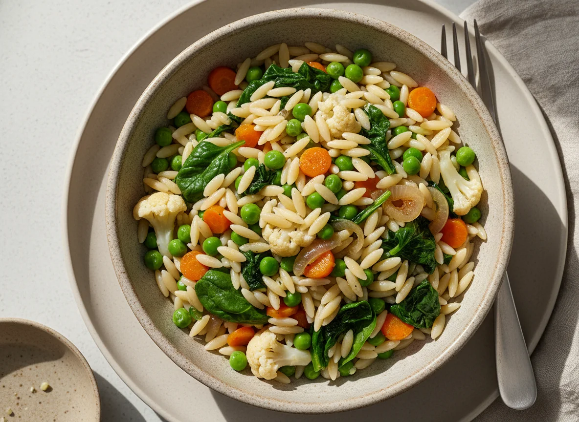 Orzo-Nudelgericht mit Gemüse photo
