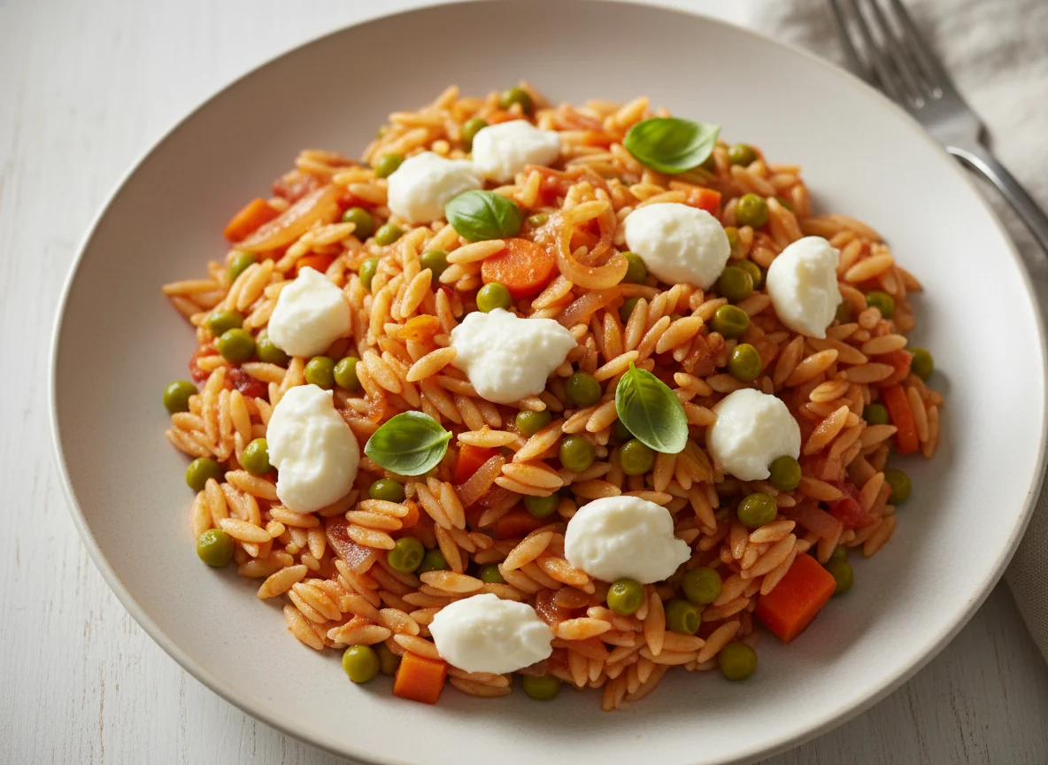 Orzo-Nudelgericht mit Gemüse und Mozzarella photo