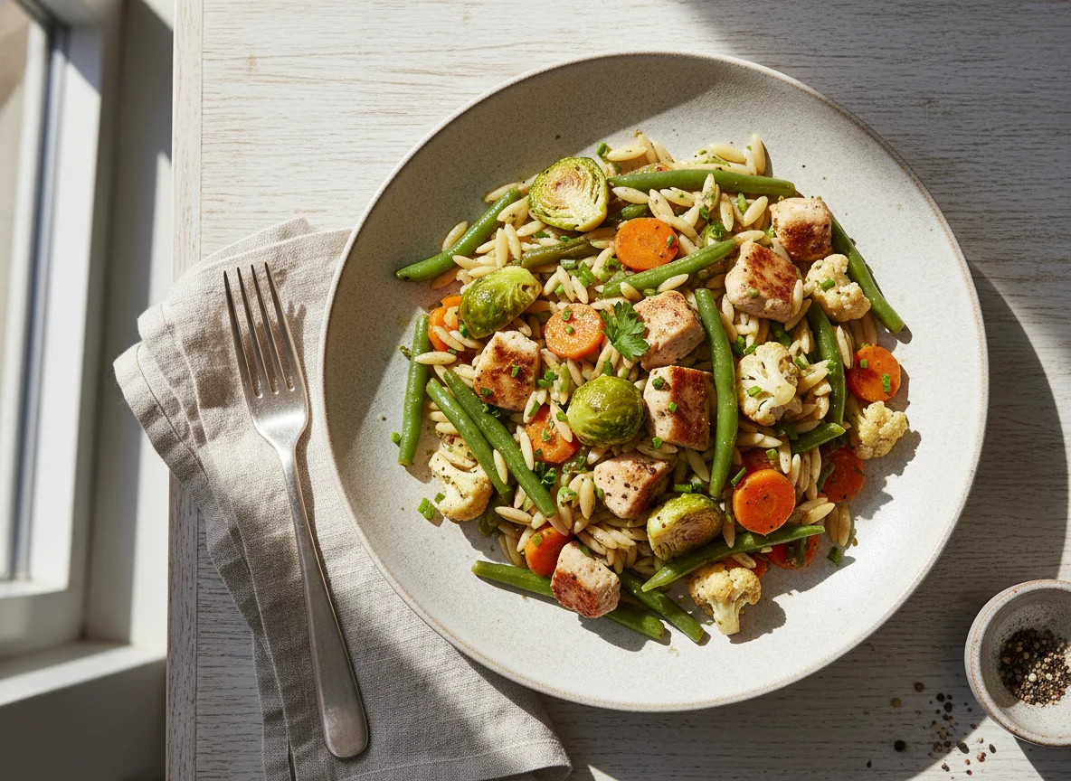 Orzo-Nudelgericht mit Huhn und Gemüse photo