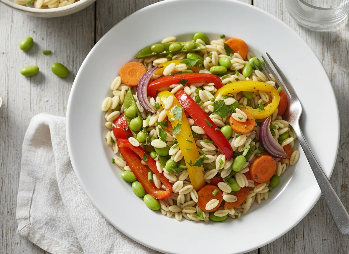 Orzo-Nudeln mit gebratenem Gemüse und Edamame photo