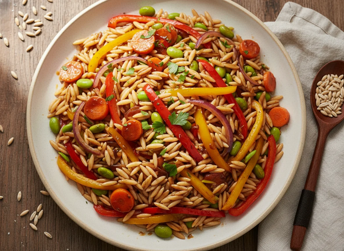 Orzo-Nudeln mit Gemüse und Malzsauce photo