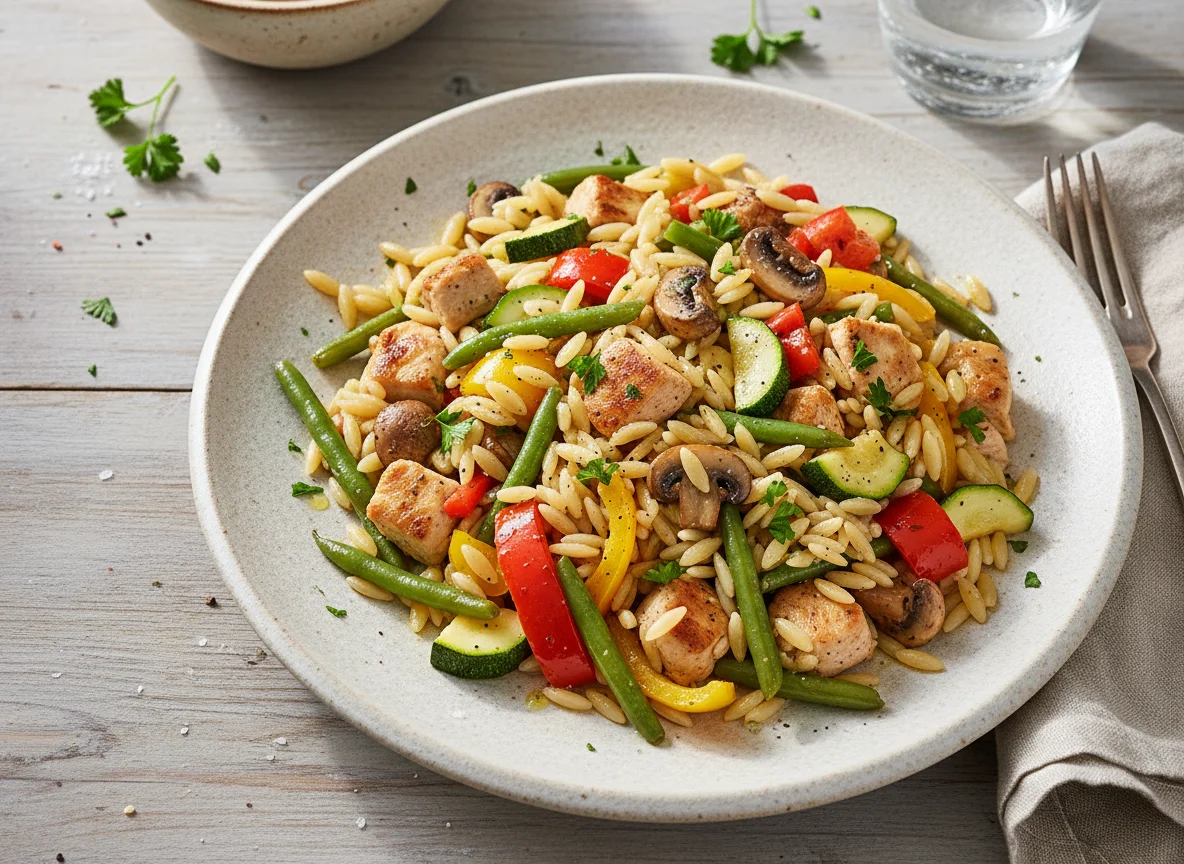 Orzo-Nudeln mit Hähnchen und Gemüse photo