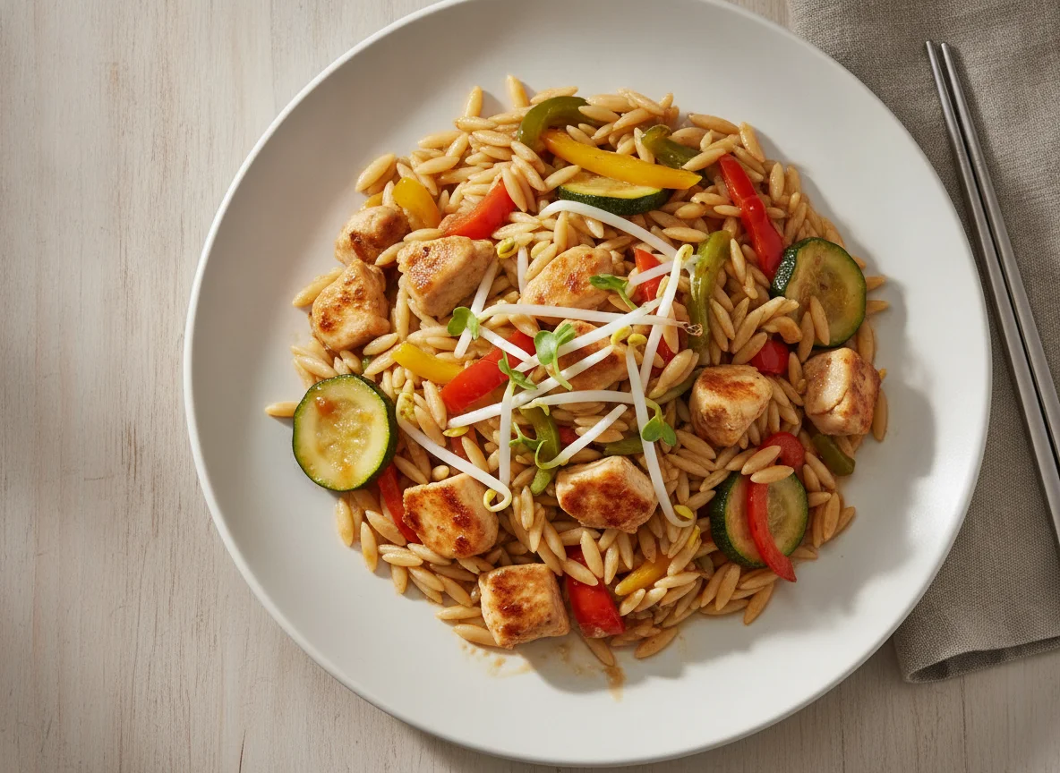 Orzo-Nudeln mit Hähnchen und Gemüsepfanne photo