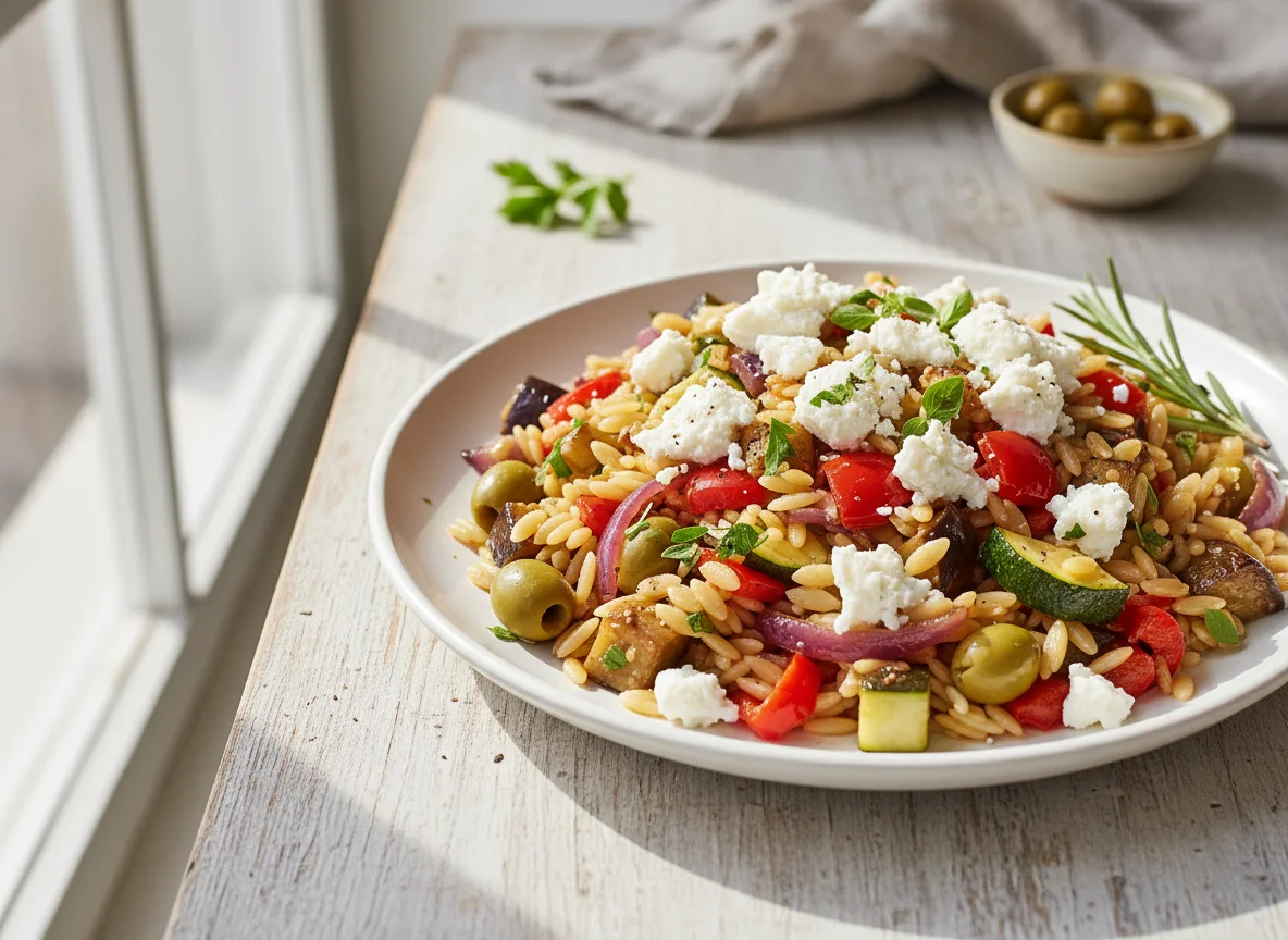 Orzo-Nudelpfanne mit Gemüse und Feta photo