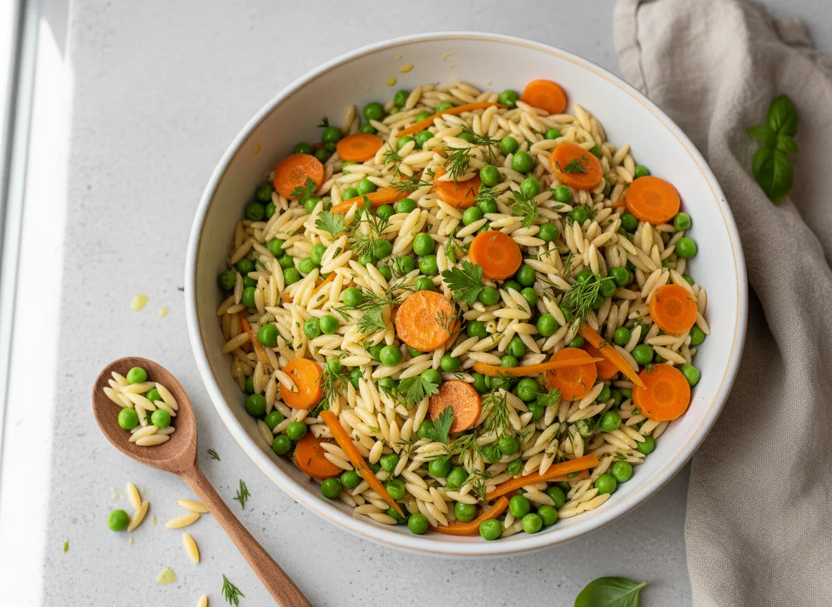 Orzo-Nudelsalat mit Erbsen und Karotten photo