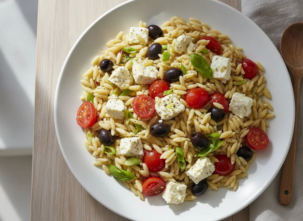 Orzo-Nudelsalat mit Feta und Oliven photo