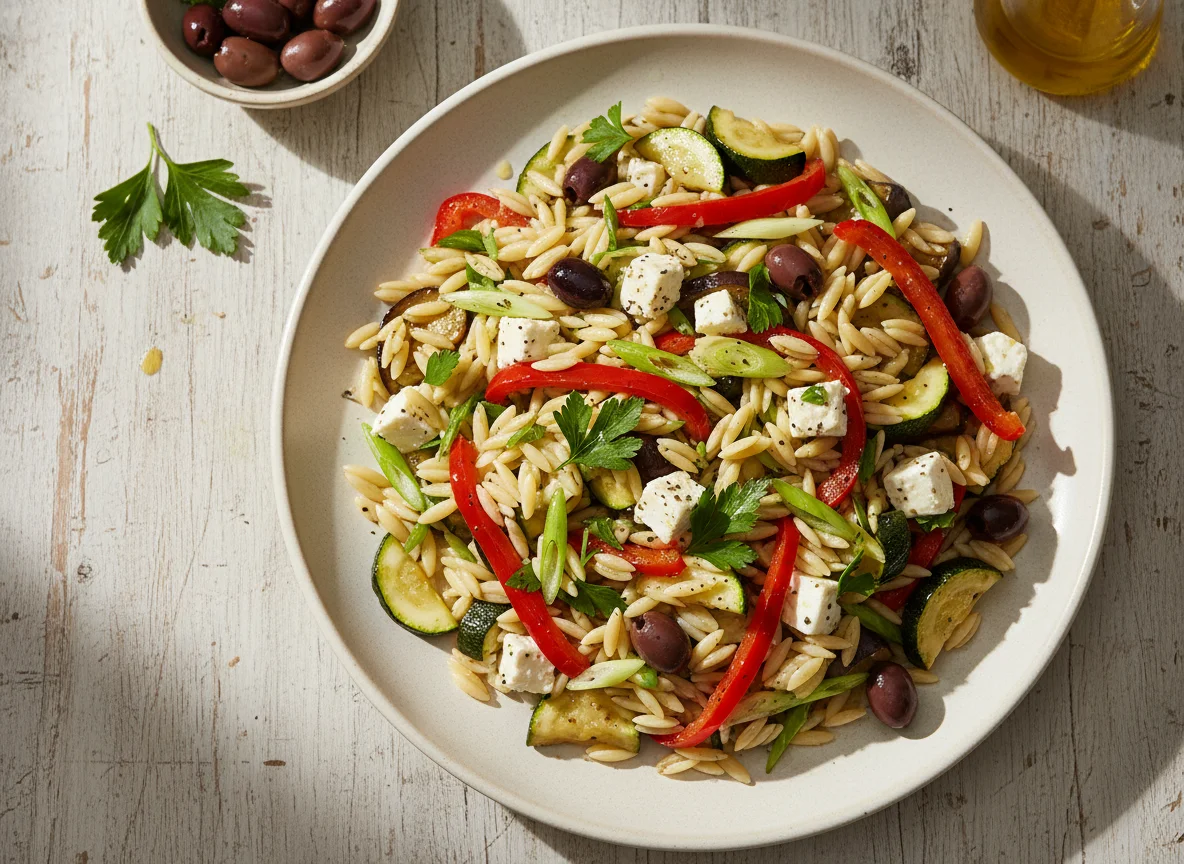 Orzo-Nudelsalat mit Gemüse und Feta photo