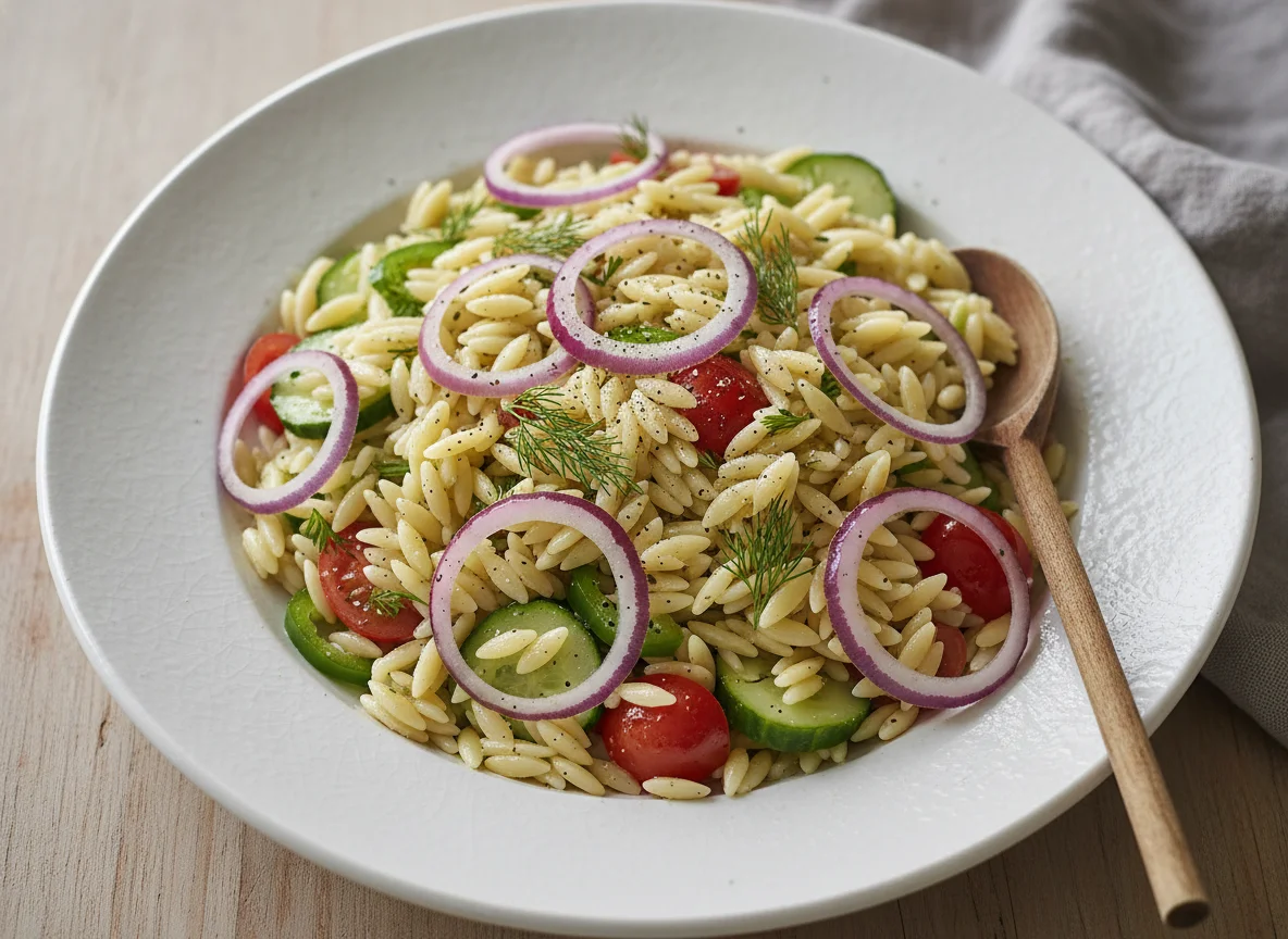 Orzo-Nudelsalat mit roten Zwiebeln photo