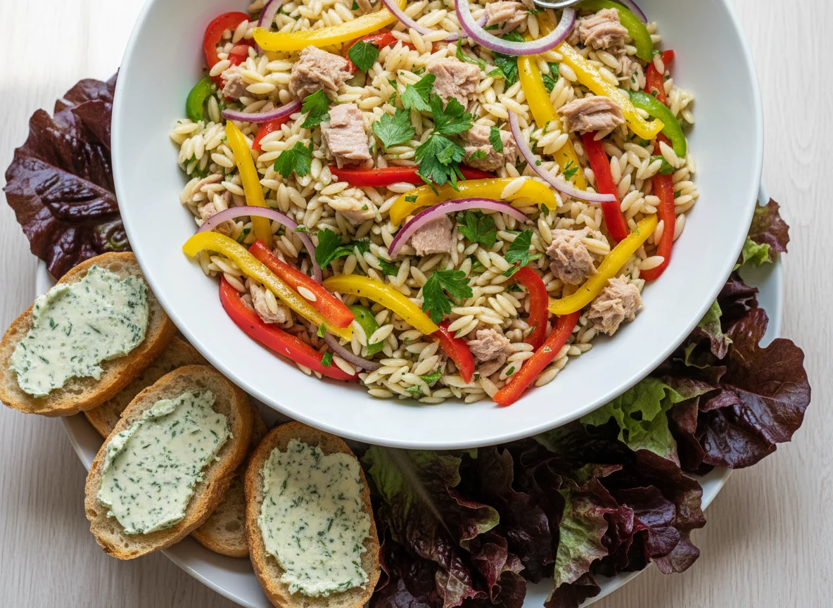 Orzo-Nudelsalat mit Thunfisch und Brot photo