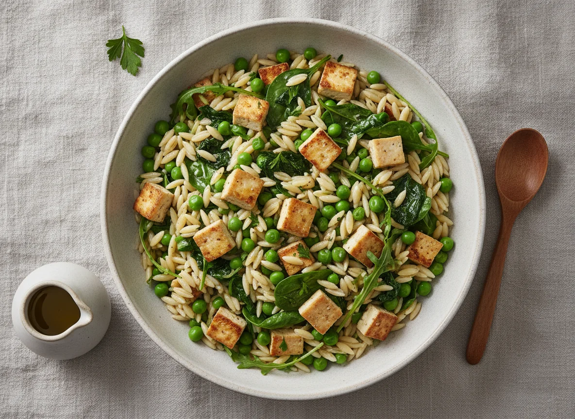 Orzo-Pasta mit Erbsen, Spinat, Rucola und Tofu photo