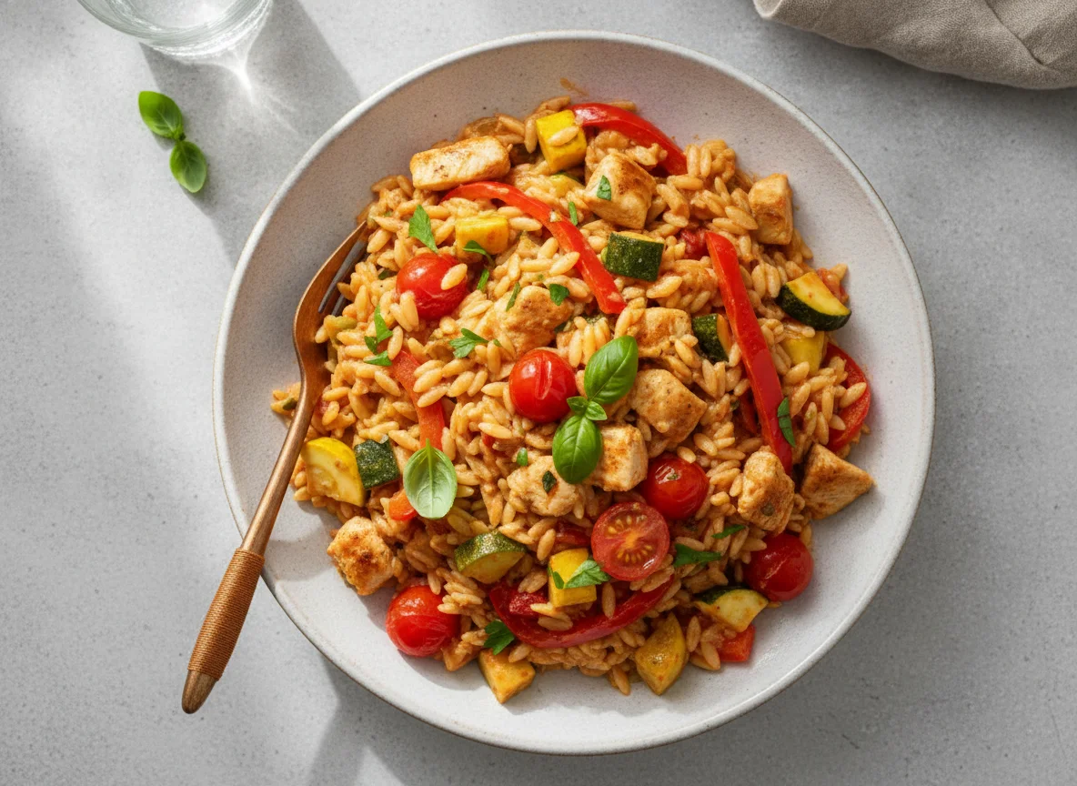 Orzo-Pfanne mit Hähnchen und Gemüse photo