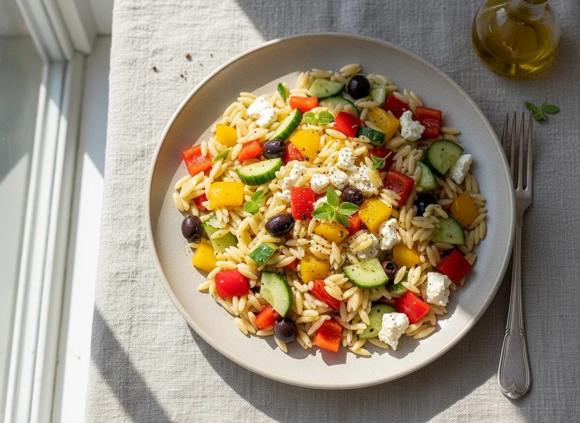Orzo-Salat mit Gemüse und Feta photo