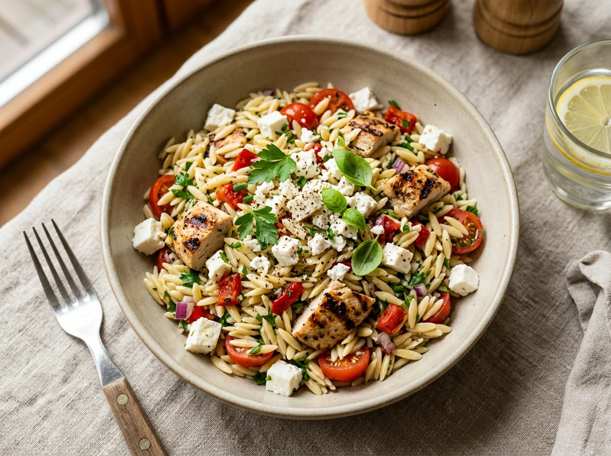 Orzo-Salat mit Hähnchen und Feta photo
