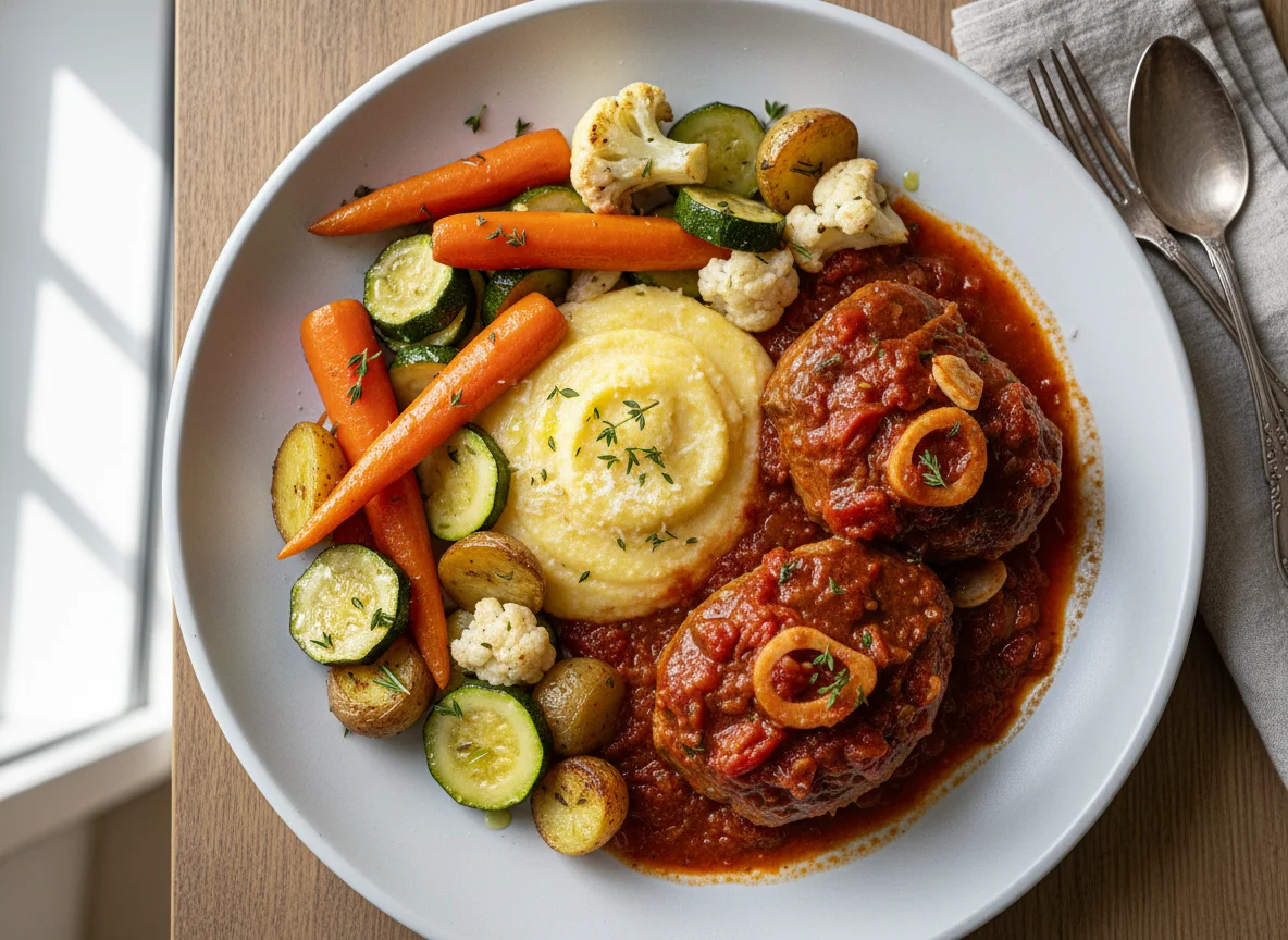 Ossobuco mit Polenta und Gemüse photo