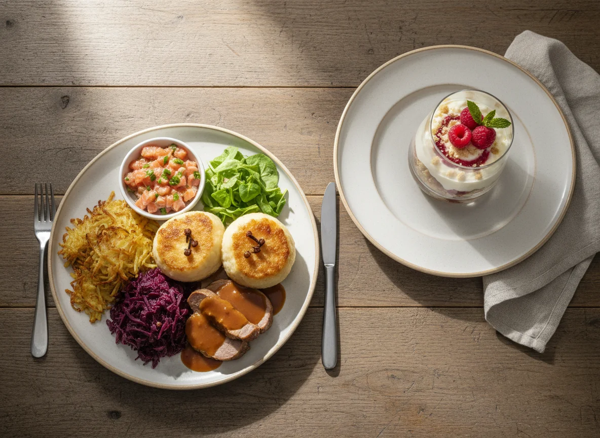 Österreichisches Hauptgericht mit Dessert photo