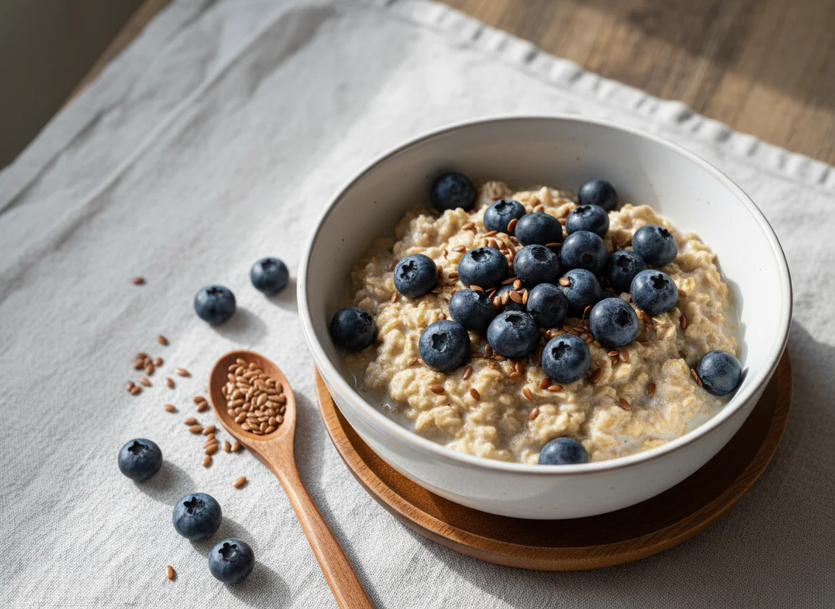 Overnight Oats mit Blaubeeren und Leinsamen photo