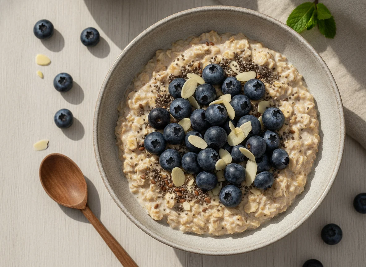 Overnight Oats mit Chiasamen und Blaubeeren photo